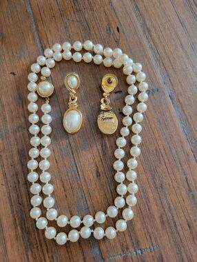 Vintage Marvella Faux Pearl & Gold Tone Earrings & Faux Pearl Necklace